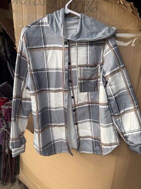 Gray and Cream Plaid Hooded Button-Up Shirt Jacket